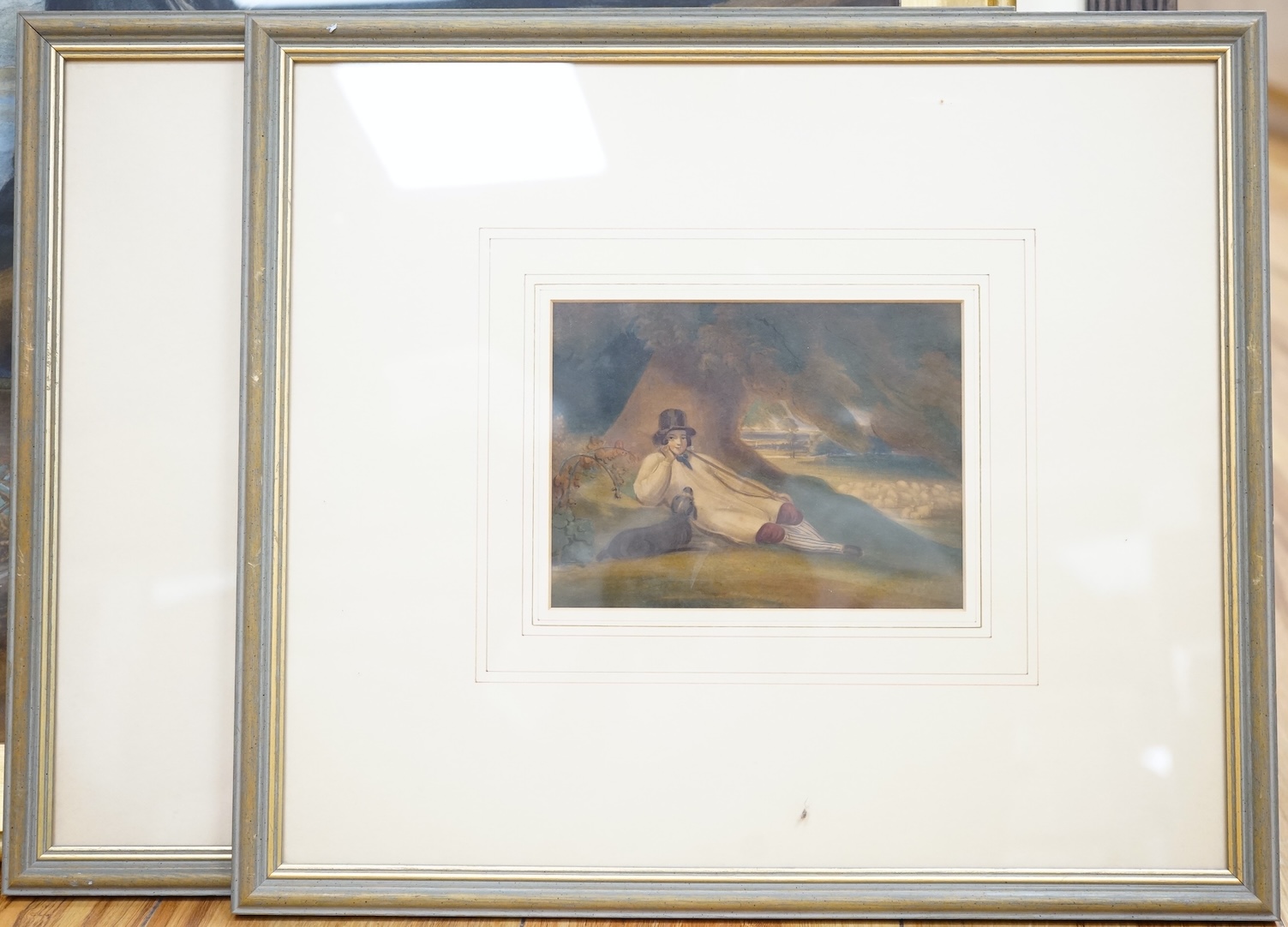 Manner of George Morland (1763-1804), Country girl seated in a landscape, and country boy at rest beneath a tree with his dog, two watercolours, unsigned, 13 x 17cm, Provenance: Bell Hall, Naburn, York